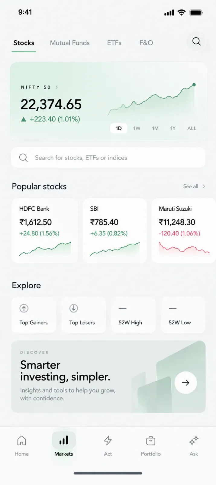 Fermor app Stocks screen showing NIFTY 50 and popular stocks
